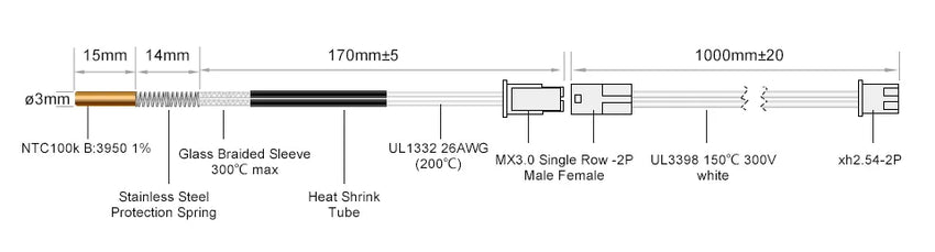 NTC 100K B3950 Thermistor Cartridge - 1M Metal